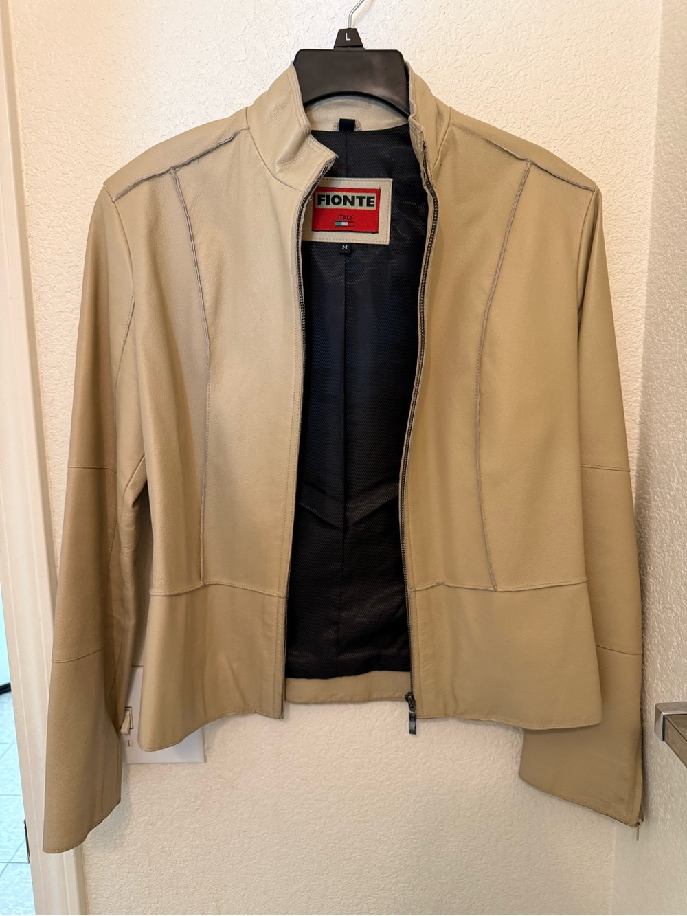 Beige Leather Zip-Front Jacket for Women
